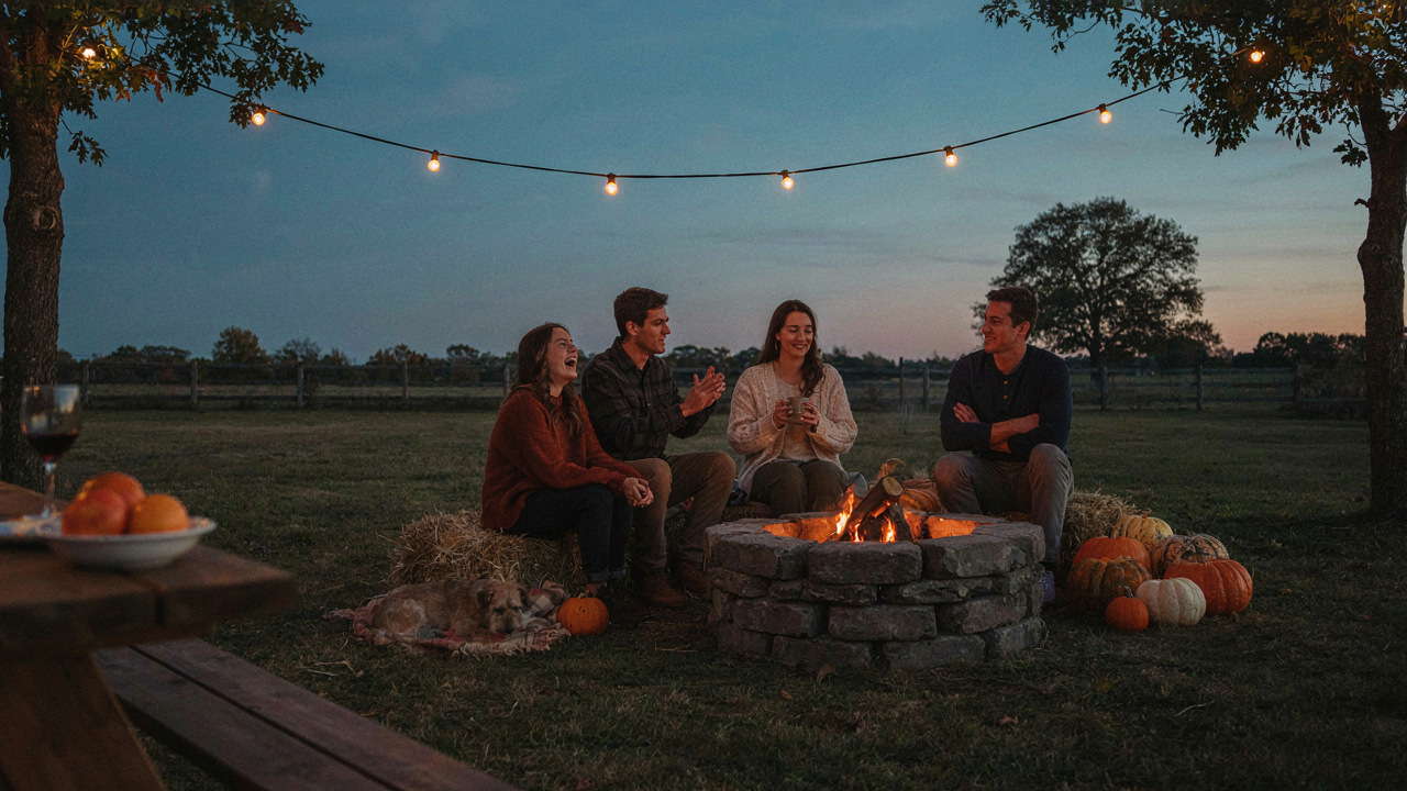 A festive fall backyard party at dusk with glowing lights, a fire pit, hay bales, and pumpkins.