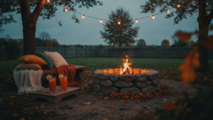 Fall mocktails by a cozy backyard fire pit with blankets and autumn leaves.