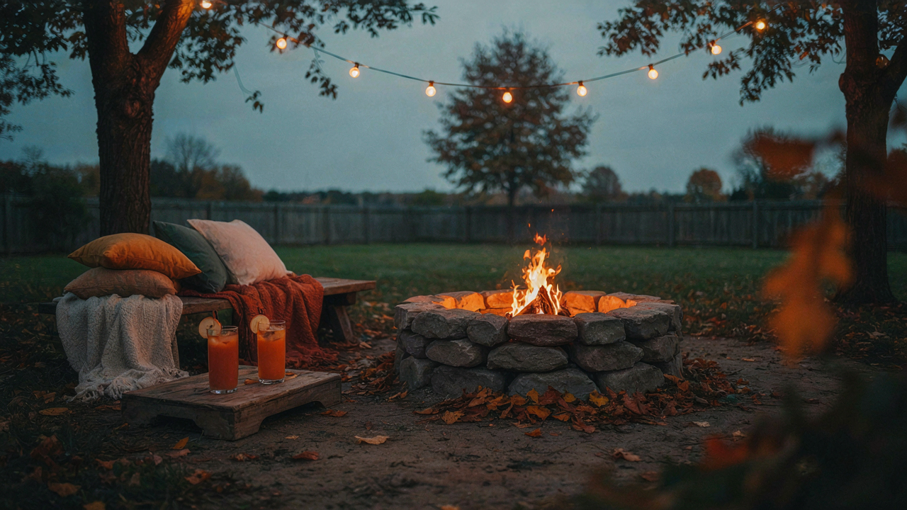 Fall mocktails by a cozy backyard fire pit with blankets and autumn leaves.