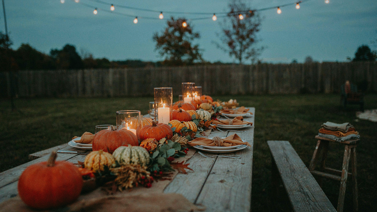 A long fall outdoor tablescape is decorated with pumpkins, gourds, and lit candles at dusk.