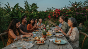 Friends and family share a happy outdoor dinner with string lights and greenery.
