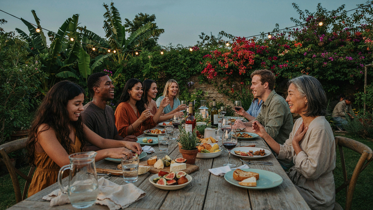 Friends and family share a happy outdoor dinner with string lights and greenery.