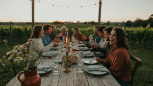 A long farm table set for an outdoor dinner party with many people enjoying food and conversation.