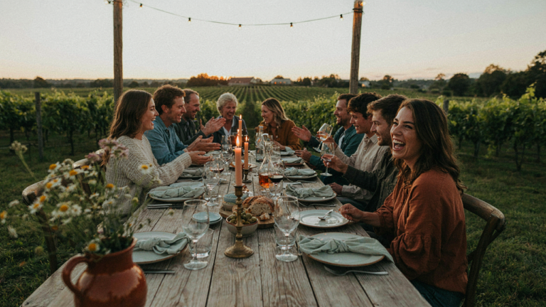 A long farm table set for an outdoor dinner party with many people enjoying food and conversation.