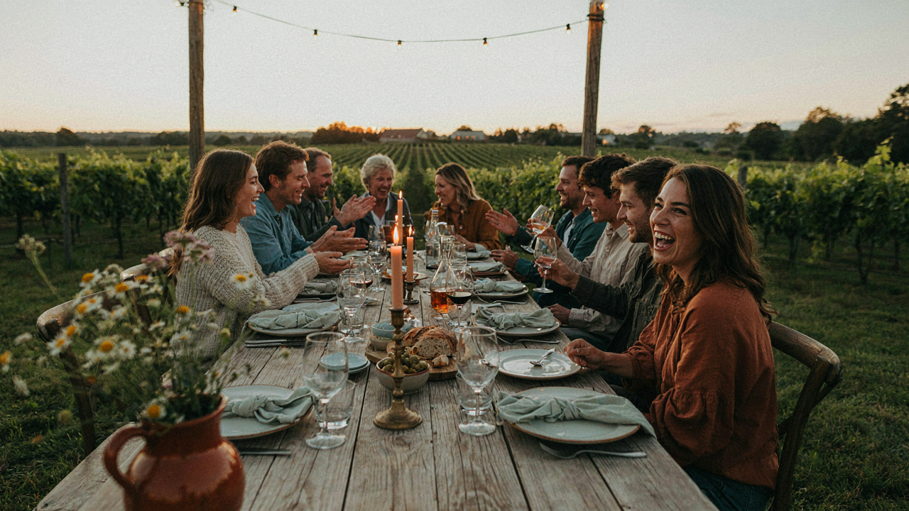 A long farm table set for an outdoor dinner party with many people enjoying food and conversation.