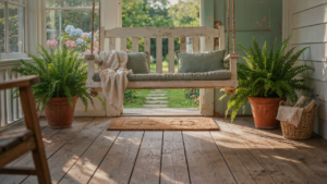 A welcoming farmhouse porch with a porch swing and green plants.