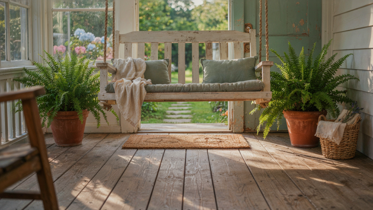 A welcoming farmhouse porch with a porch swing and green plants.