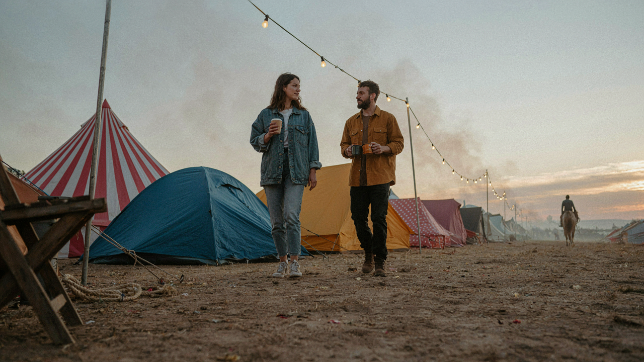 A colorful festival tent camp at sunrise with many people walking between tents.