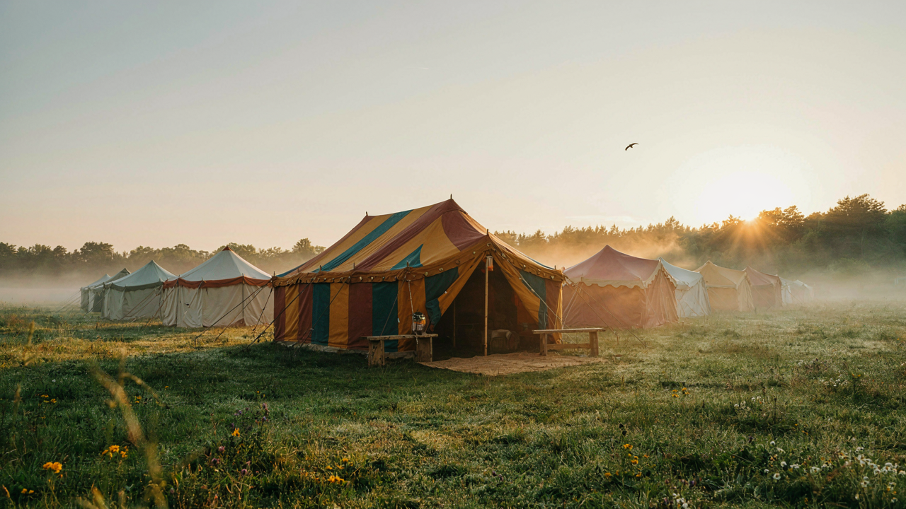 A colorful festival tent setup in a field at sunrise.