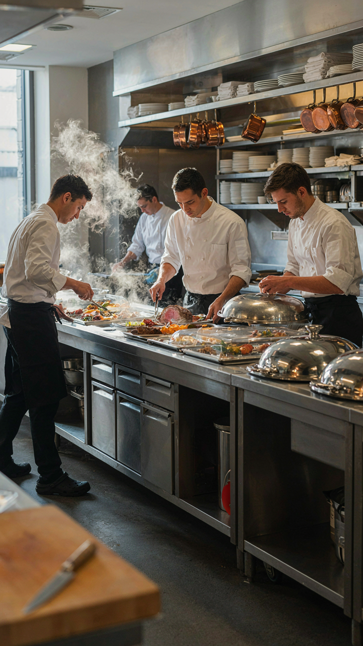 Chefs quickly restocking a buffet line in a professional kitchen.