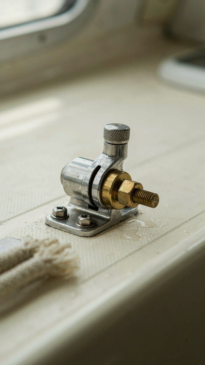 Close up of marine latches and fasteners on a boat interior.