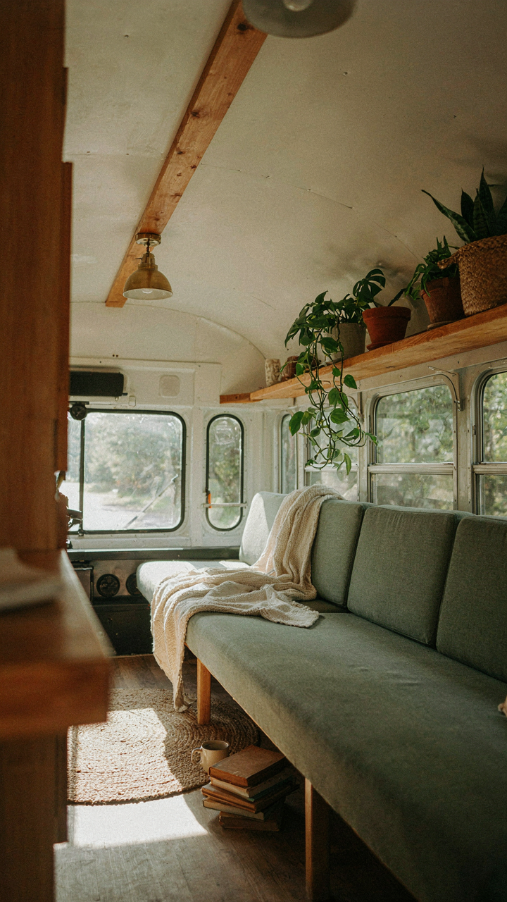A cozy, inviting interior of a finished school bus conversion.