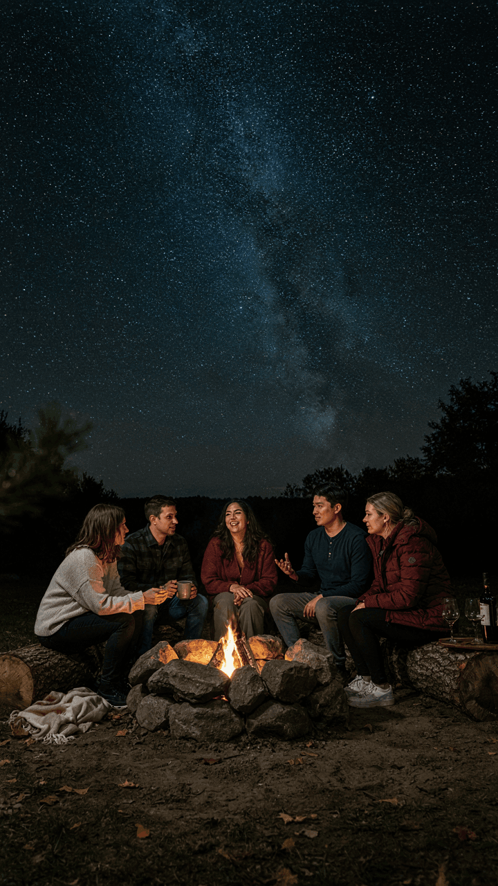 Friends sit around a DIY rock fire pit in a backyard at night.