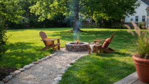 A charming fire pit area on a budget with gravel, stone, and cozy chairs.