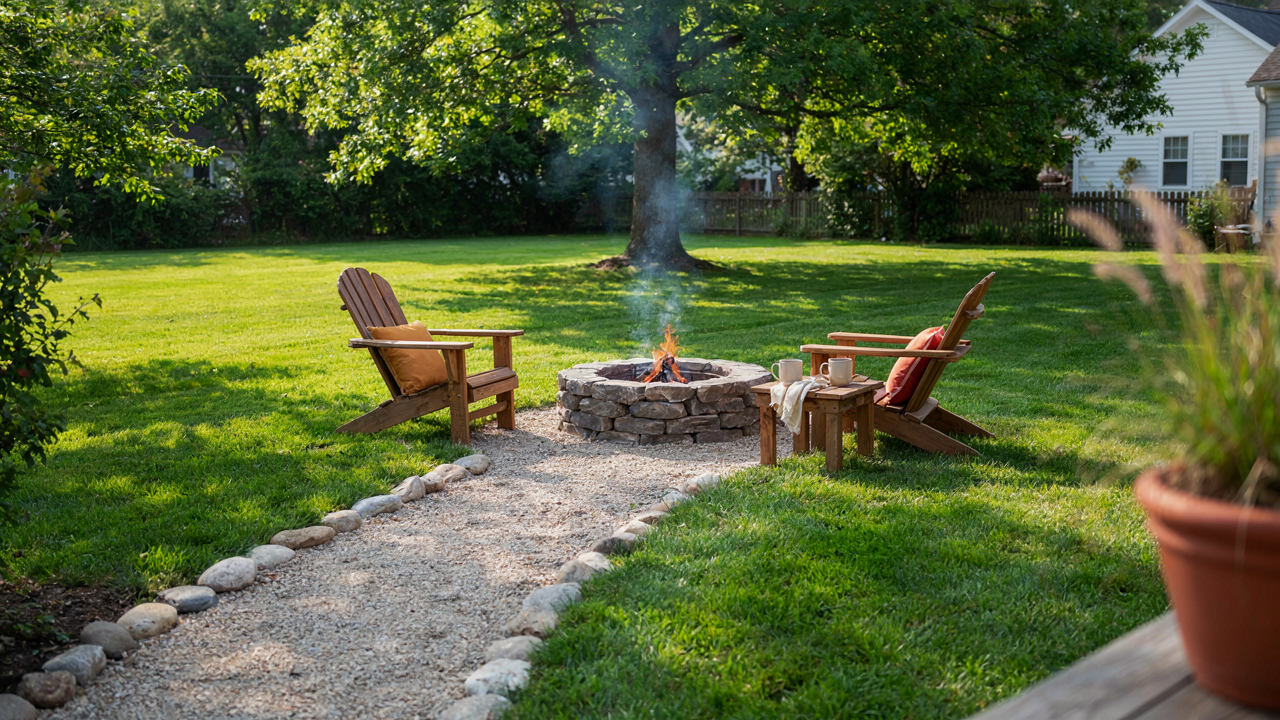 A charming fire pit area on a budget with gravel, stone, and cozy chairs.