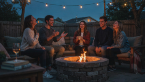 Friends chat around a fire pit with comfortable fire pit seating under string lights.