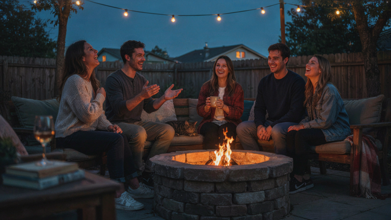 Friends chat around a fire pit with comfortable fire pit seating under string lights.