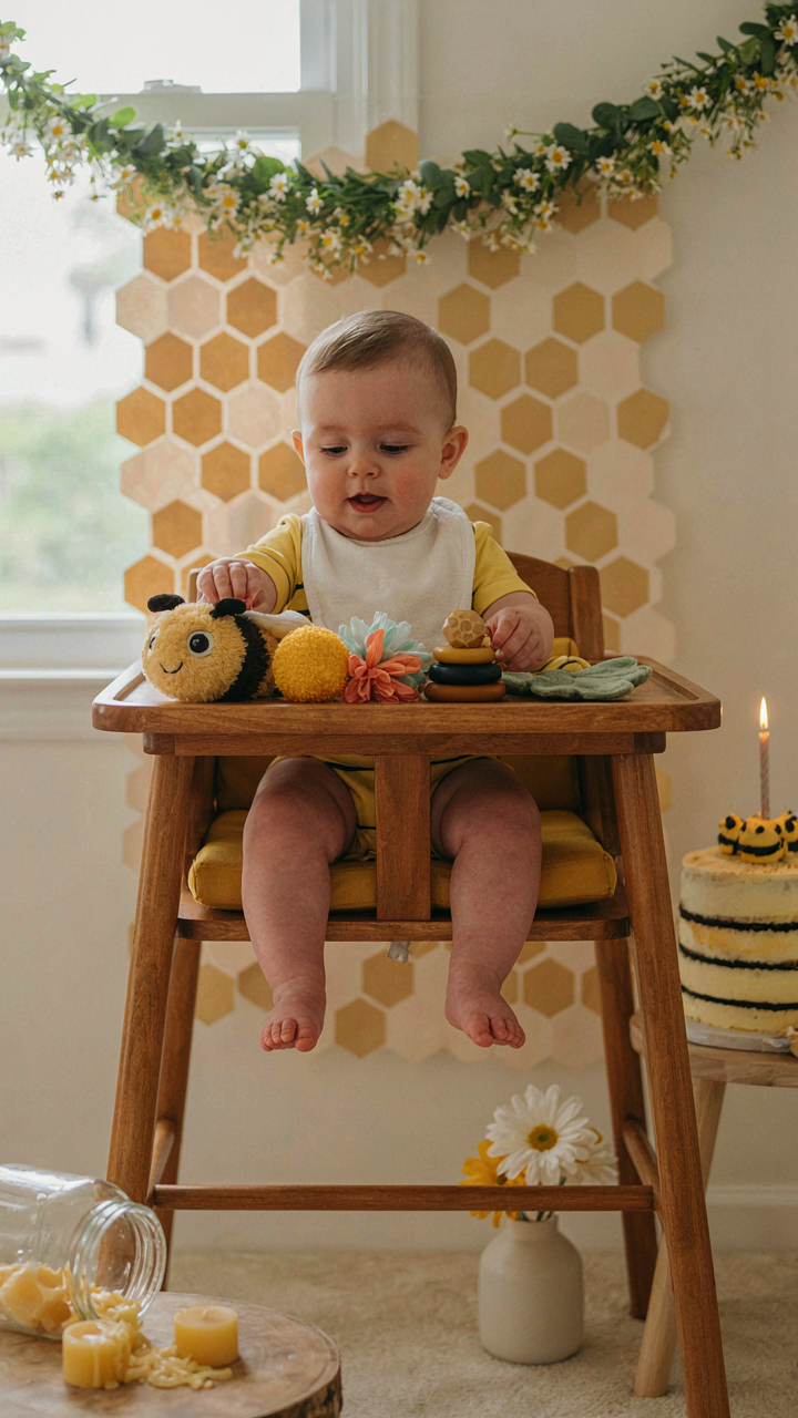 A baby touches various sensory toys at a bee-themed first birthday party.