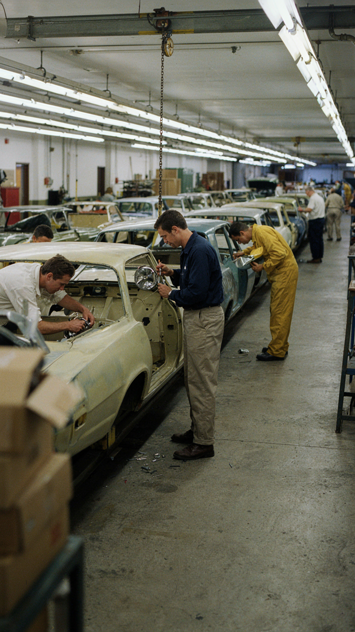 Workers install simple light fixtures on a 1960s factory line.