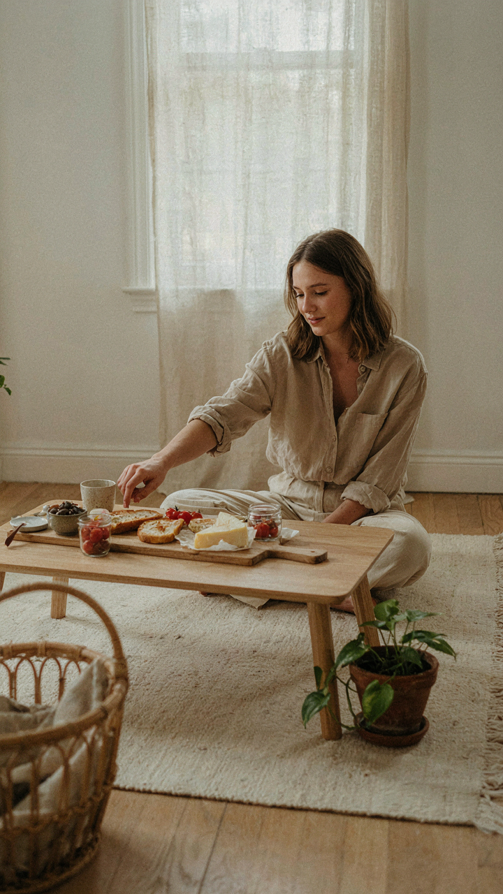 A person reaches for food on a low floor picnic table.