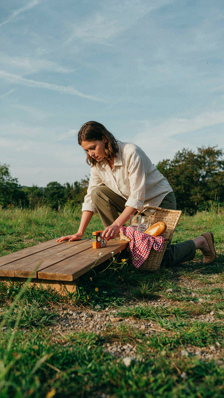 A person sets up a low table picnic on uneven ground with ease.