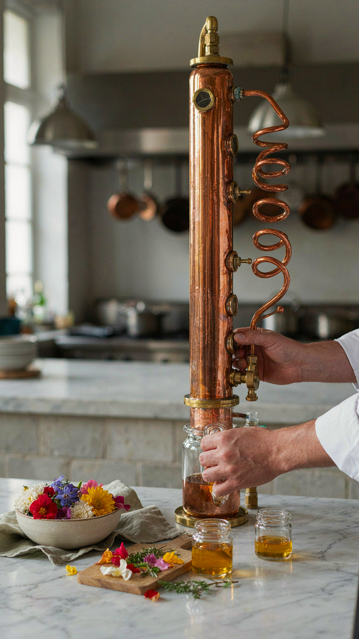 A complex machine in a kitchen distills essential oils from many colorful flowers.