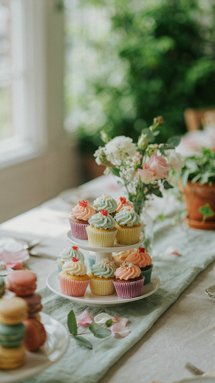 A small floral arrangement subtly placed behind mini cupcakes.