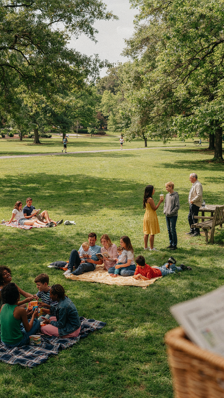 A large park has many scattered groups of people sitting and standing.