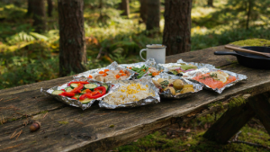 Several foil packet camping meals are laid out on a picnic table in a sunny forest.