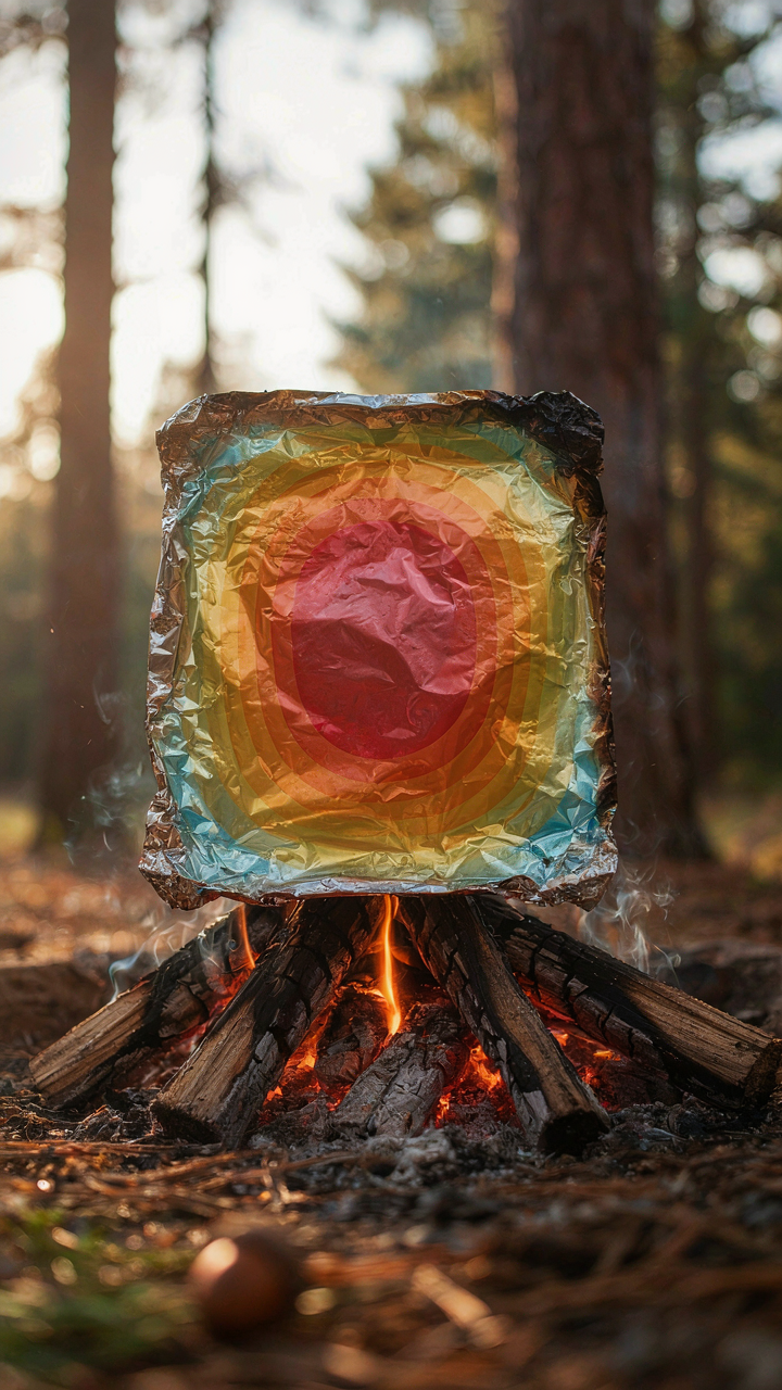A heat map shows temperature zones on a foil packet cooking over a fire.