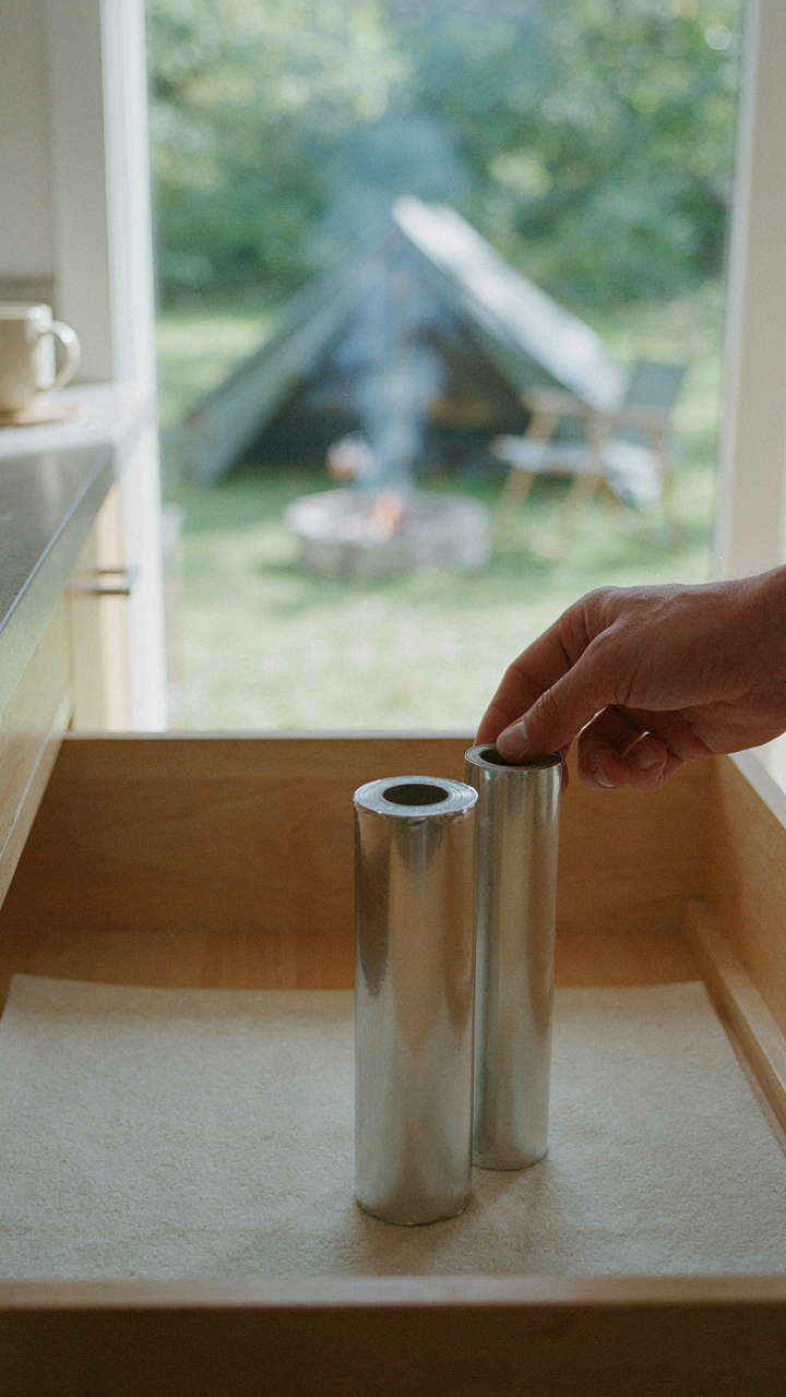 A hand picks a roll of heavy-duty foil near a thinner roll.