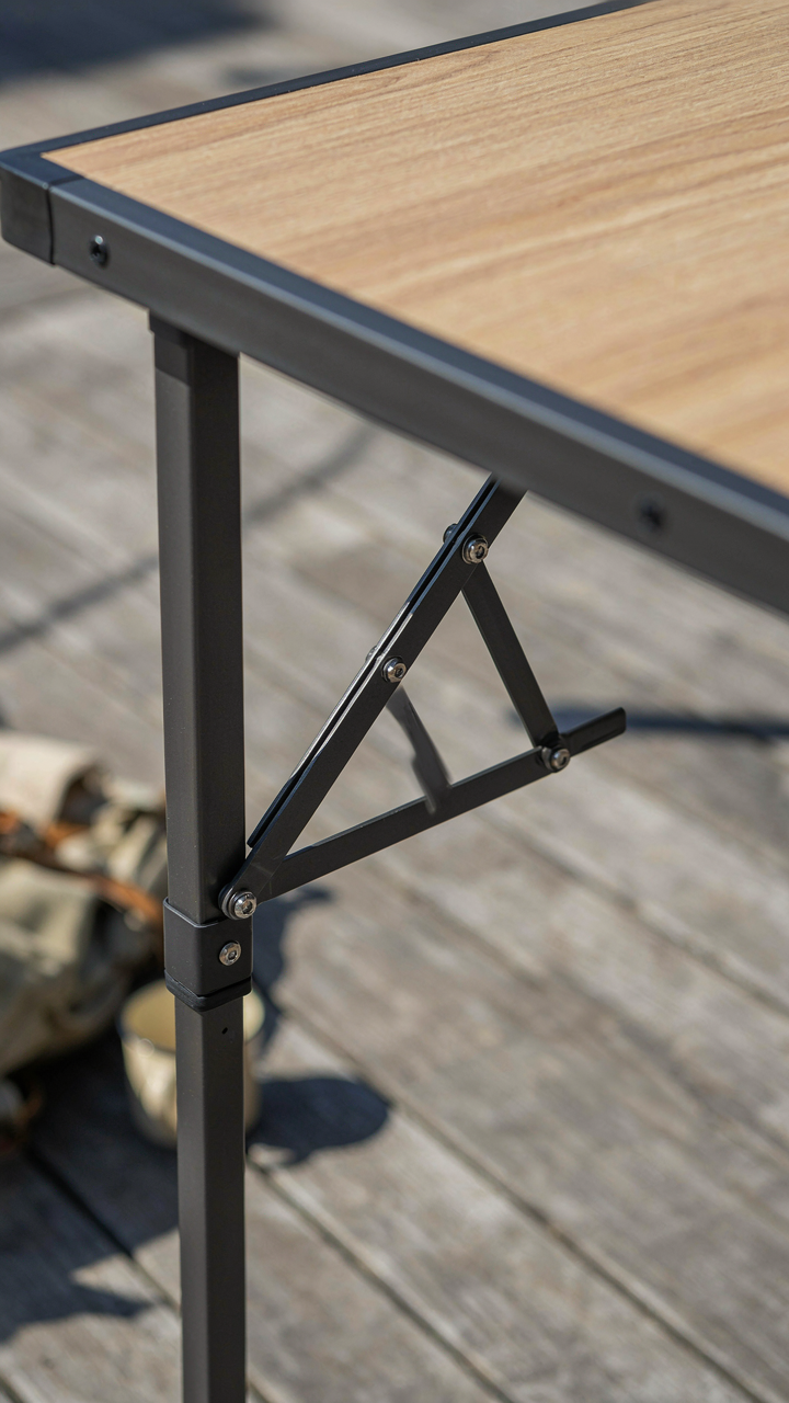 A detailed view shows a folding camp table's hidden leg brace distributing load.