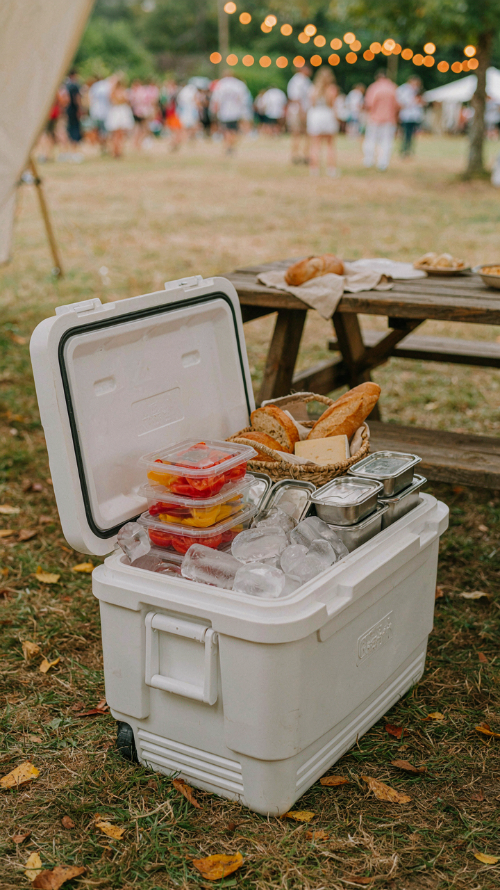 A well-organized cooler filled with solid ice blocks and neatly arranged food.
