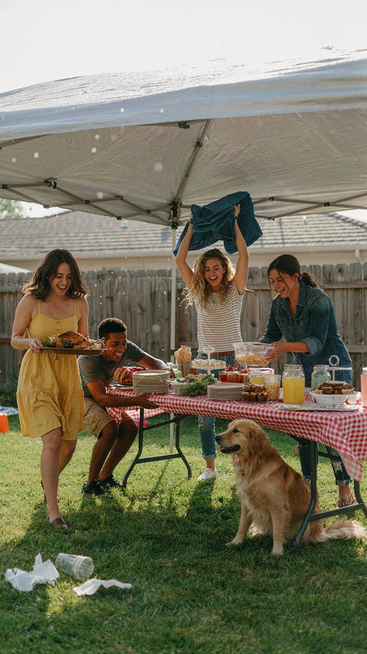 Friends moving food under a canopy as rain starts during a potluck garden party.