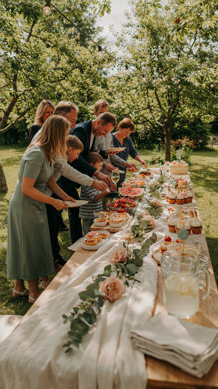 Guests are spread out at several small food stations at a birthday party.