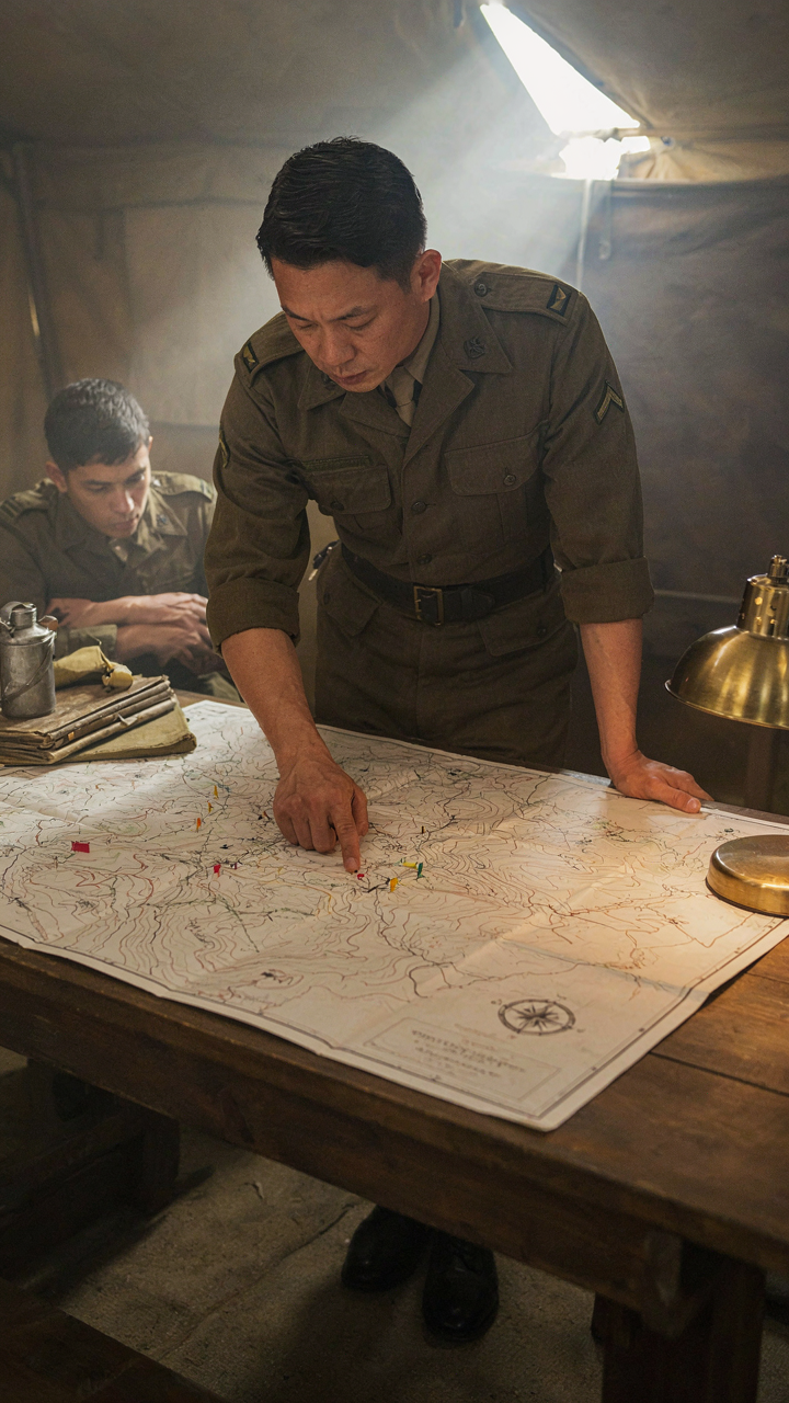 A military officer points to a map showing different zones marked with flags.
