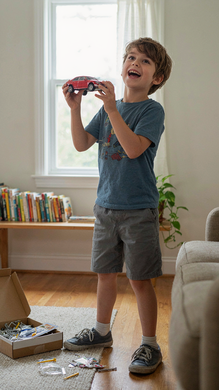 A happy child proudly holds up a toy car they built from a kit.