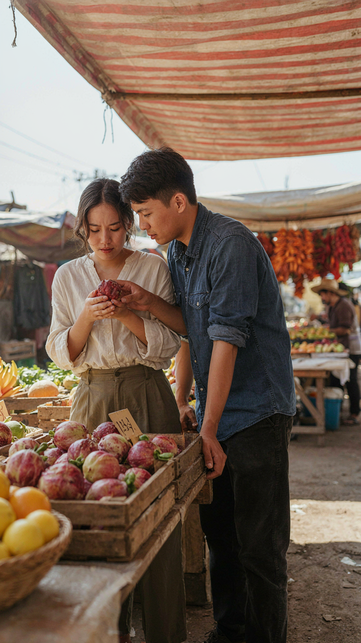 Two people carefully looking at a strange, exotic fruit at a market.