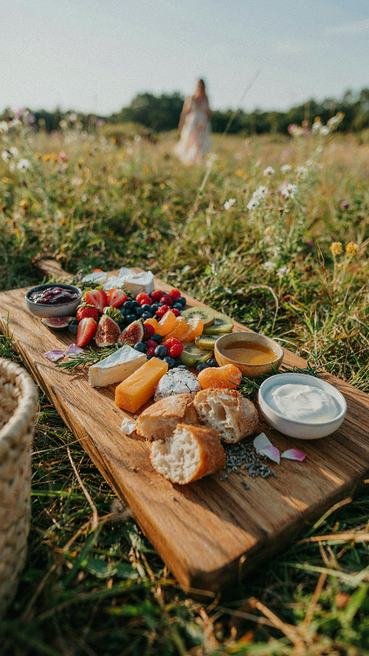 A wooden board holds fresh fruit, cheese, and bread.