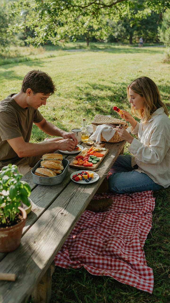 A picnic table laden with practical, easy-to-eat finger foods for a big group.