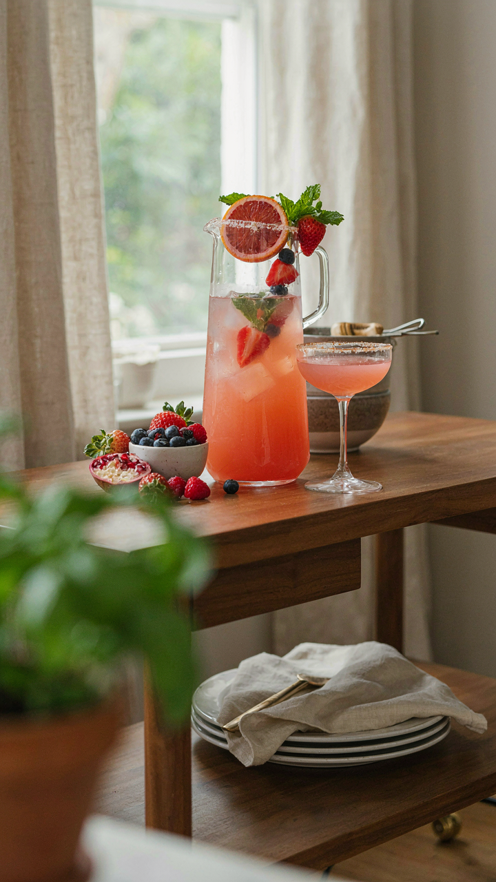 A vibrant mocktail pitcher recipe, with fruit and herbs, stands on a bar cart.