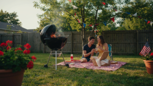 A relaxed fourth of july backyard cookout with a grill and decorations.