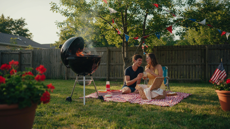 A relaxed fourth of july backyard cookout with a grill and decorations.