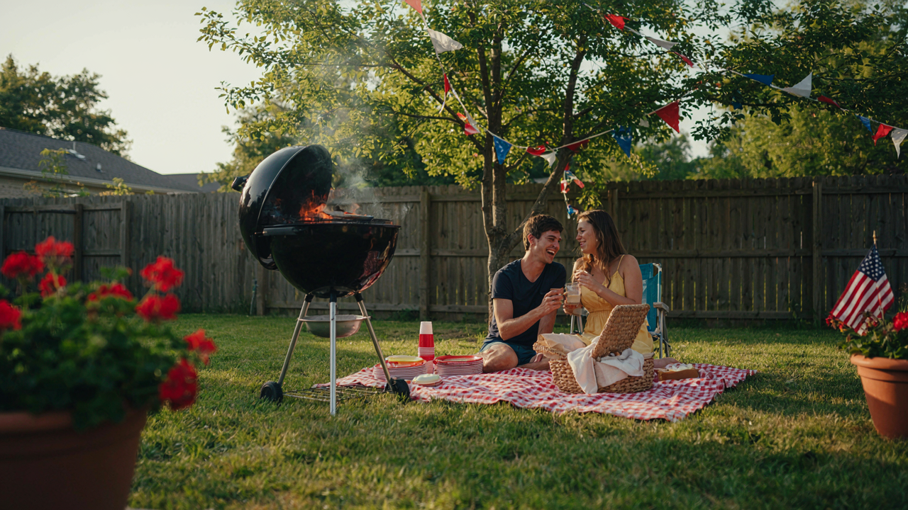 A relaxed fourth of july backyard cookout with a grill and decorations.