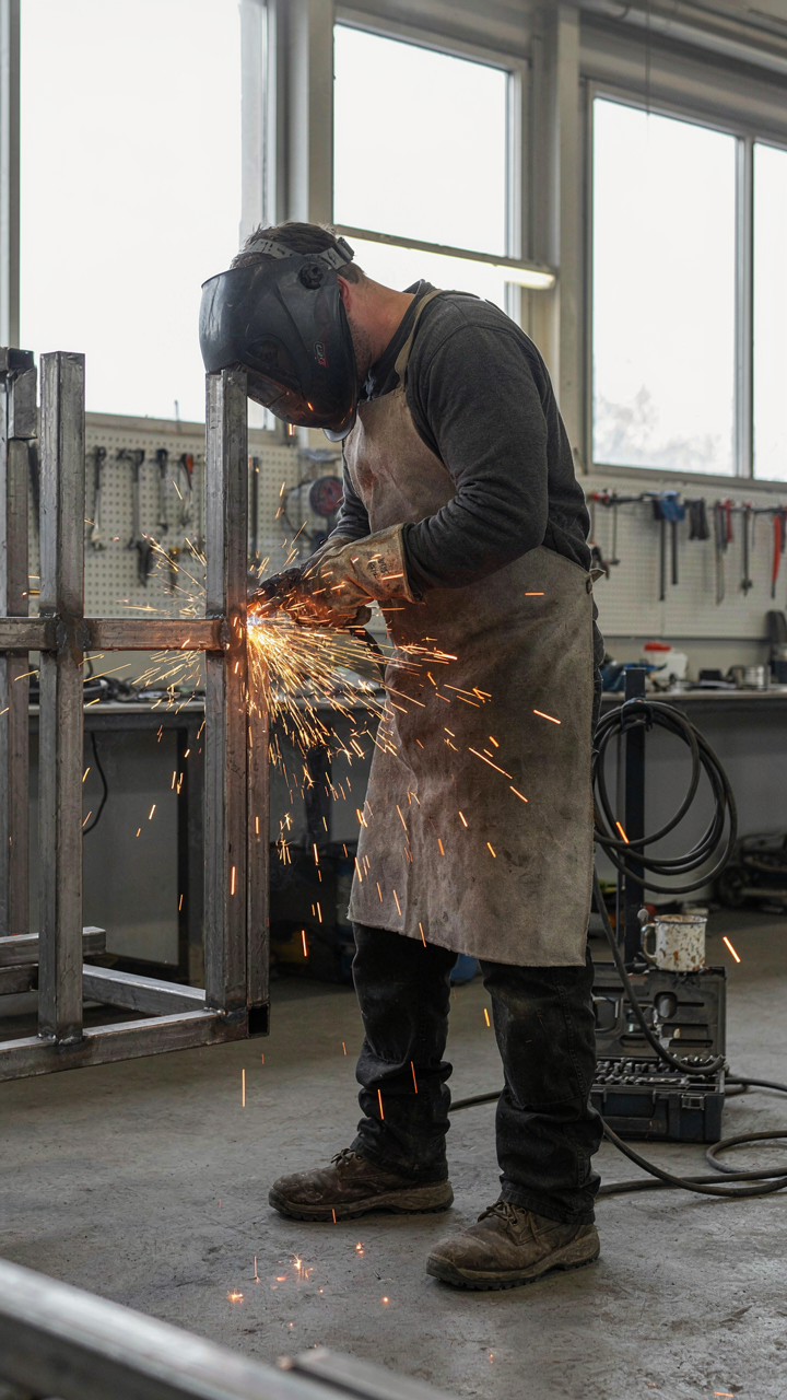 A welder works on a robust steel utility trailer frame in a bright shop.
