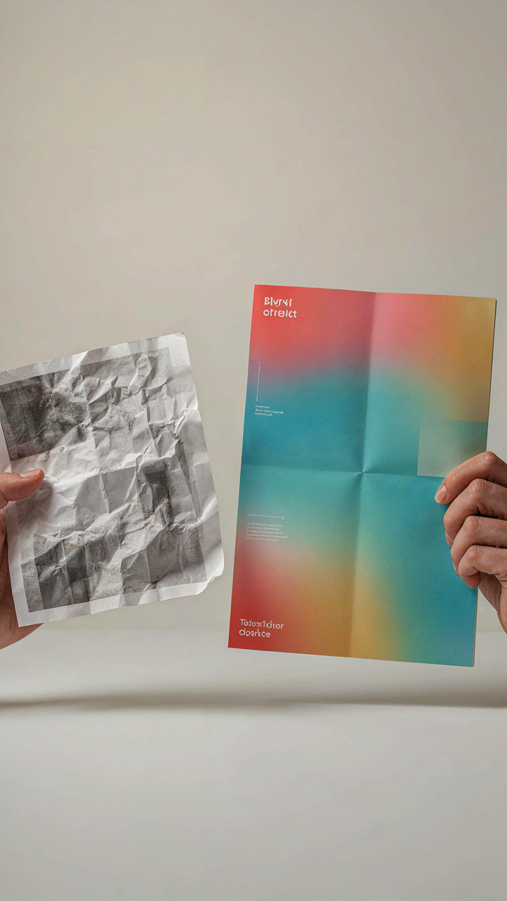 A person holds a crumpled, blurry printout next to a clear, professional brochure.