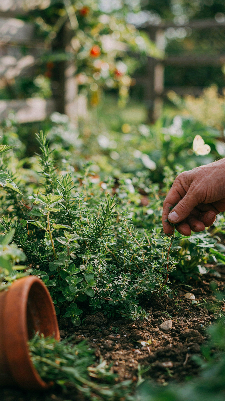 A hand picks fresh wild herbs from the garden ground.