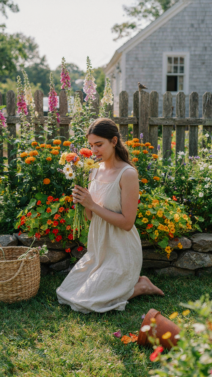 A person picks fresh flowers from a colorful garden.