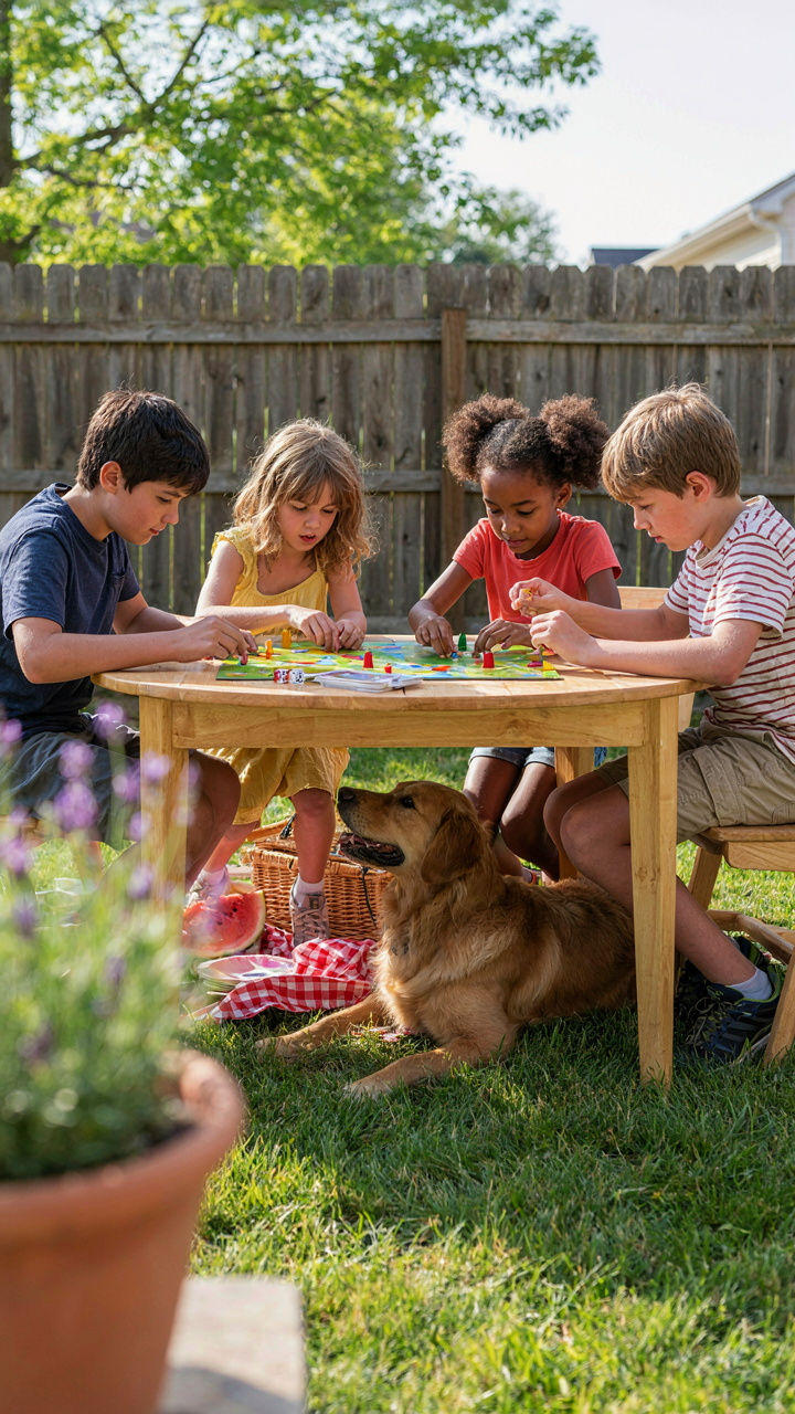 Children playing a board game at a backyard slumber party.