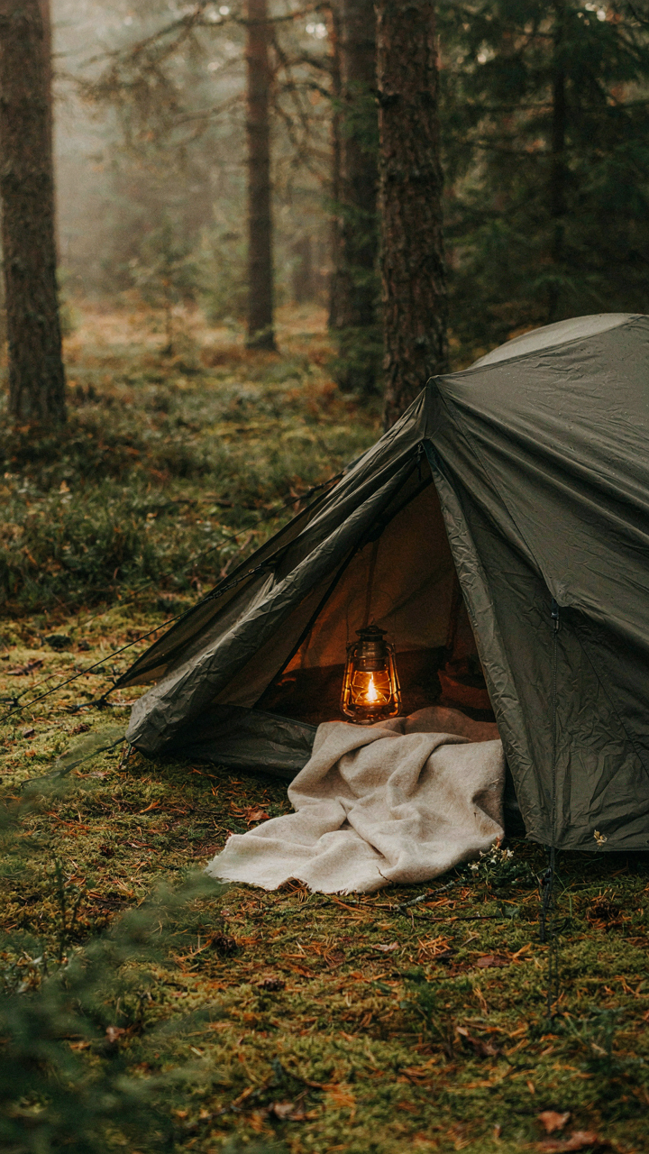 A small tent glows softly from a lantern inside, inviting intimacy.